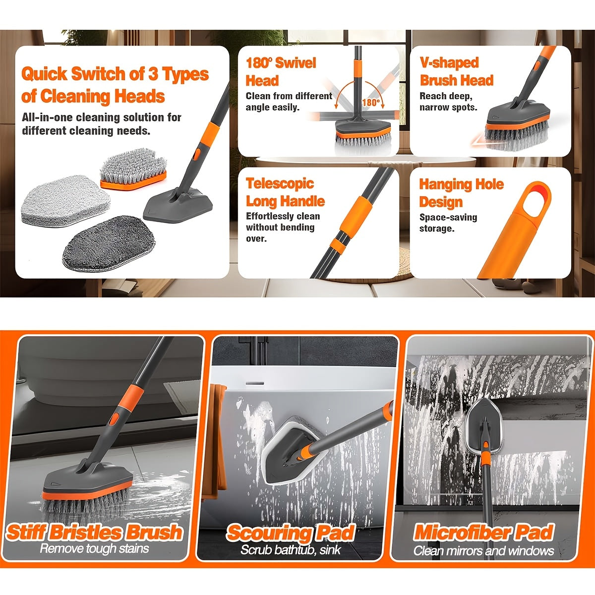 HYGIENIX - Detachable Bathroom Brush with Dual Bristles, Ideal for Floor & Tile Cleaning