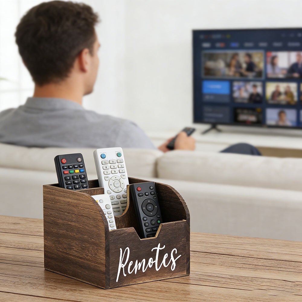 HOMELYWOOD - 4-Compartment Wooden Remote Organizer Box | No Electricity Needed