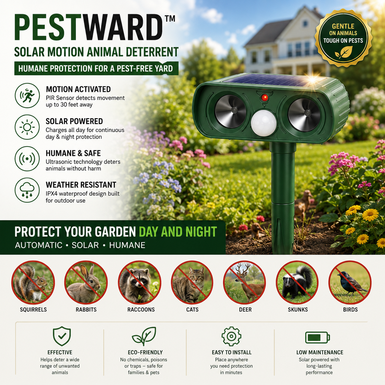 PESTWARD – Solar-Bewegungs-Tiervertreiber für humane Gartenschutz