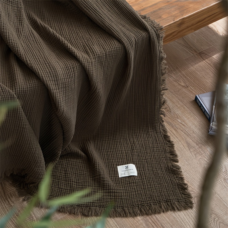 OLIVEBREEZE – Lightweight 4-Layer Cotton Gauze Blanket with Elegant Fringe