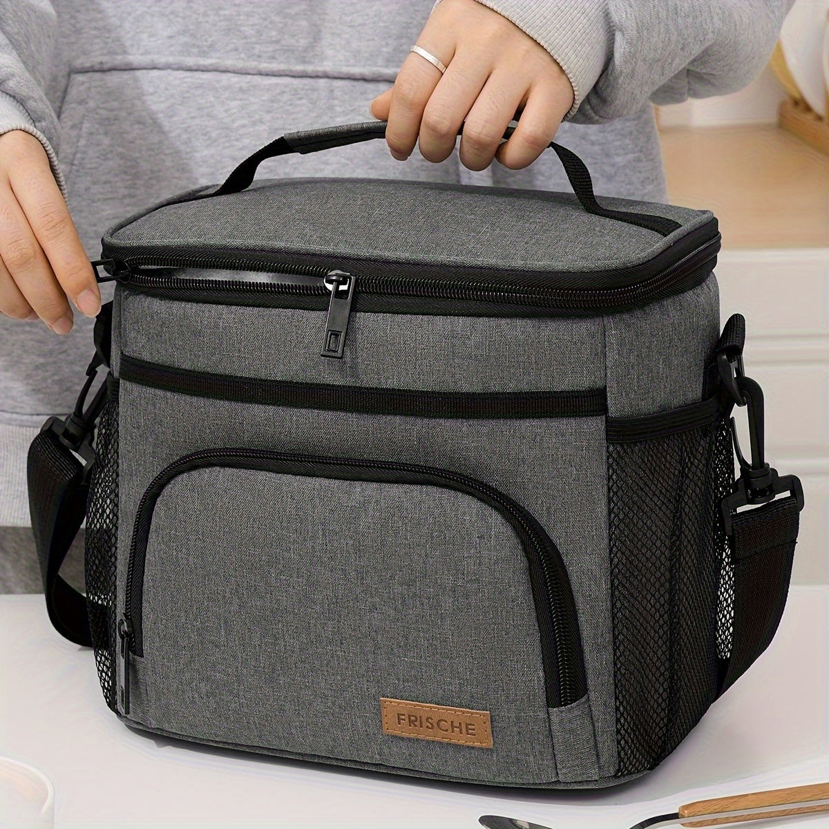 THERMOVIA - Large Insulated Lunch Tote with Zipper Closure & Adjustable Strap