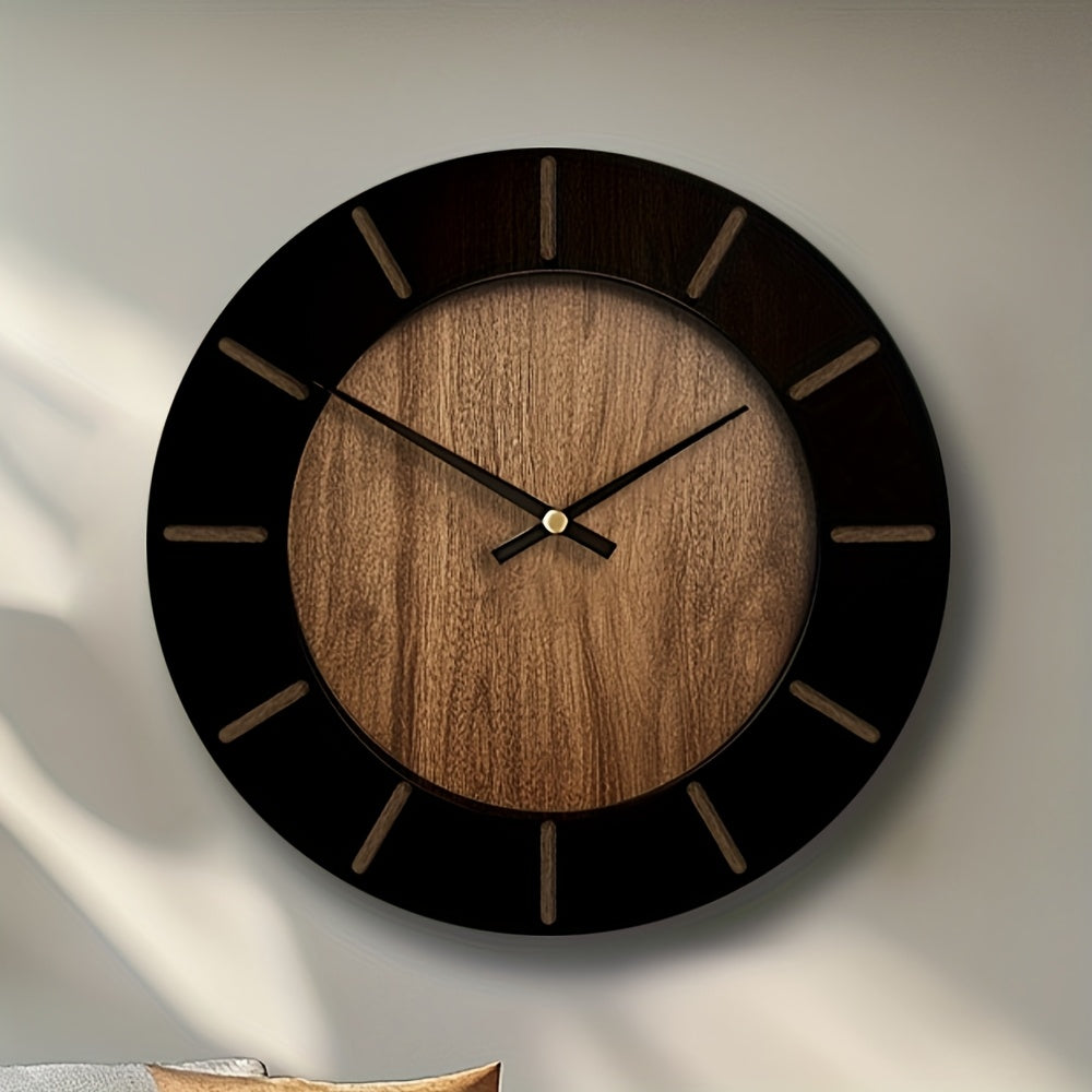 EVERWOOD - Vintage Round Wooden Wall Clock Battery Operated, Silent Mechanism