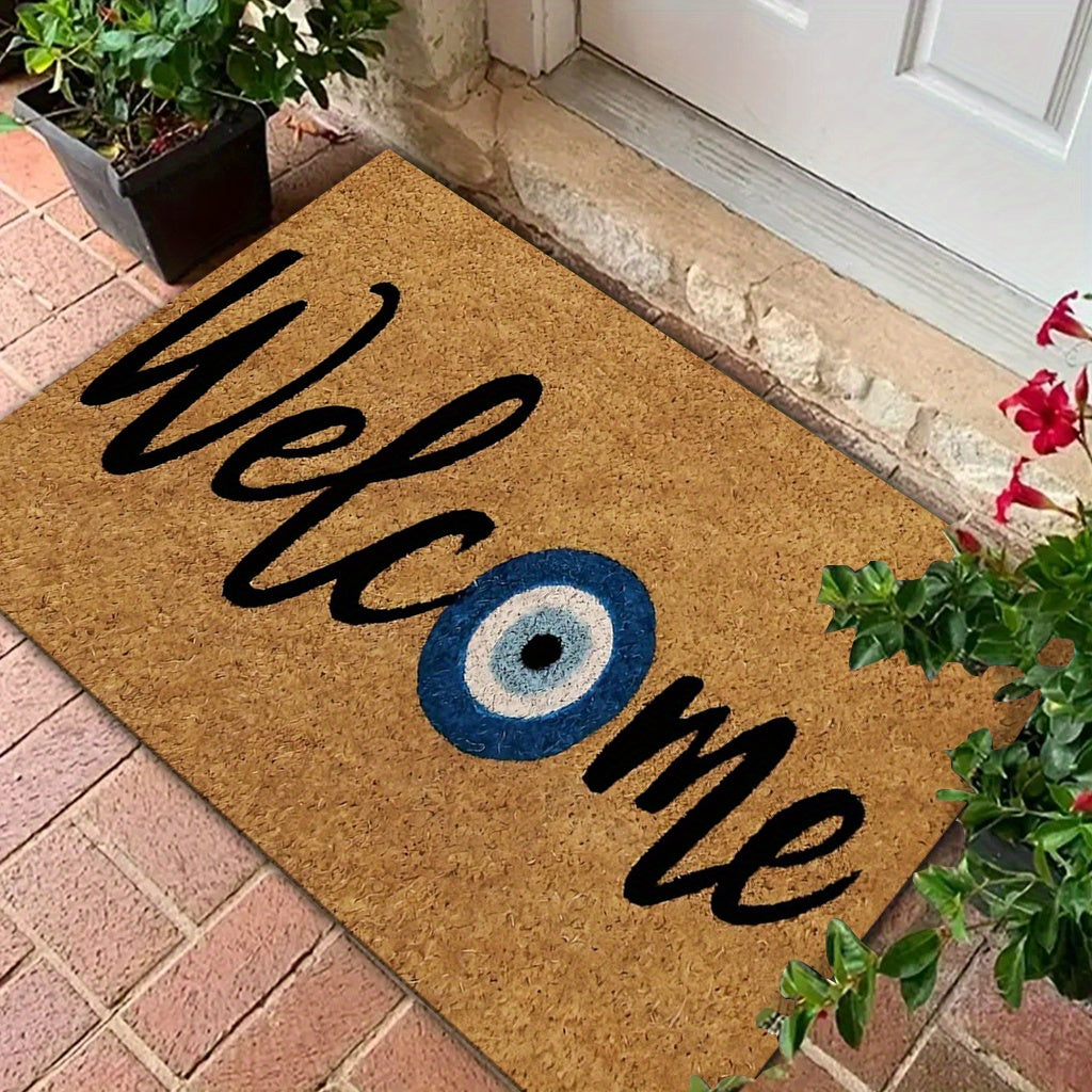 ENTRANCEJOY - Printed “Welcome” Doormat with Blue Eye Design, Non-slip & Soft