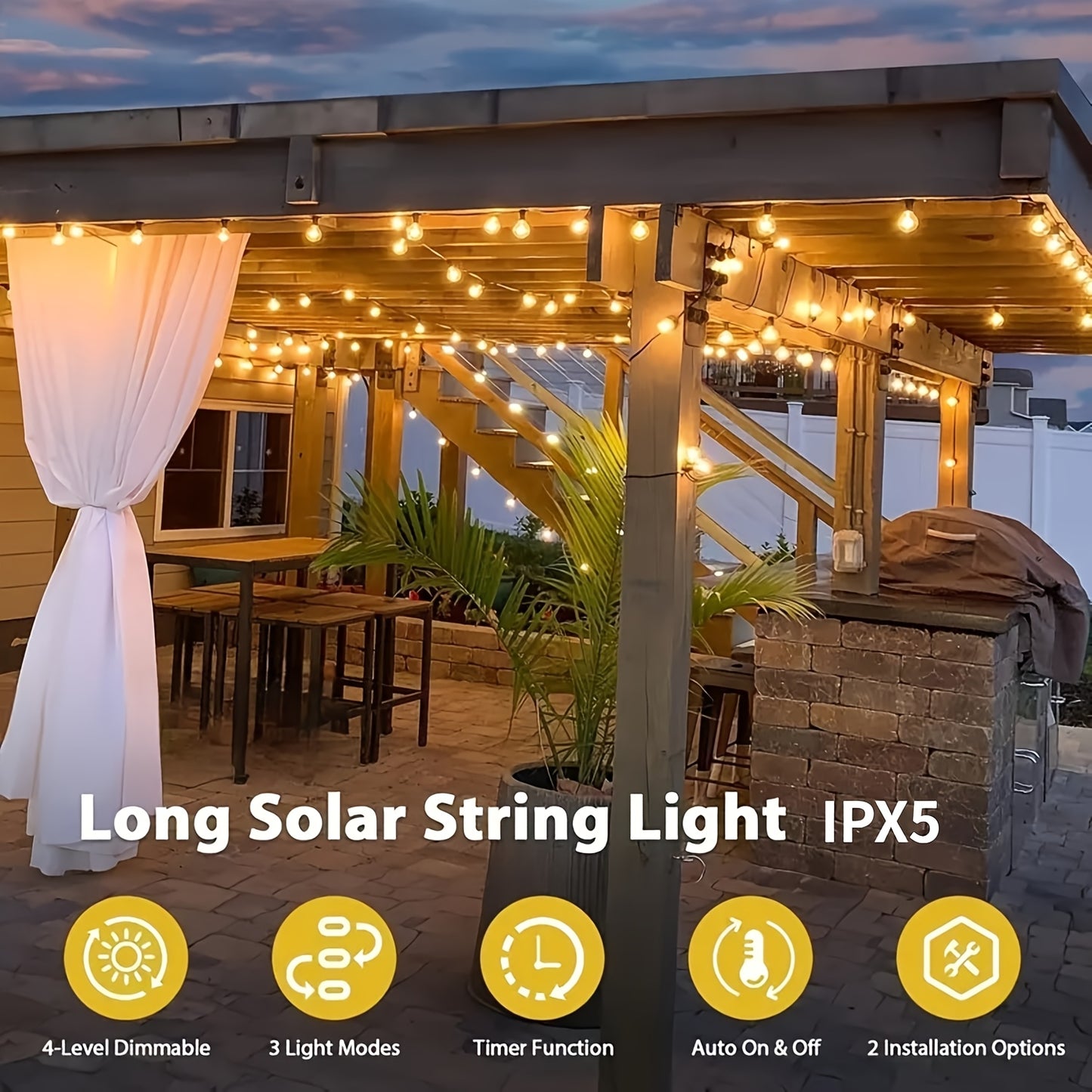 SOLARA - 100FT Solar String Lights Outdoor Commercial Grade LED with Dimmable Yellow ST38 Bulbs