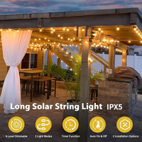 SOLARA - 100FT Solar String Lights Outdoor Commercial Grade LED with Dimmable Yellow ST38 Bulbs