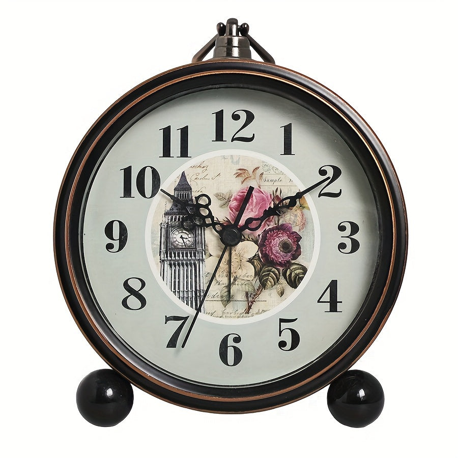 ELEGANTIME - European Vintage Metal Bedside Alarm Clock Silent Analog Large Display