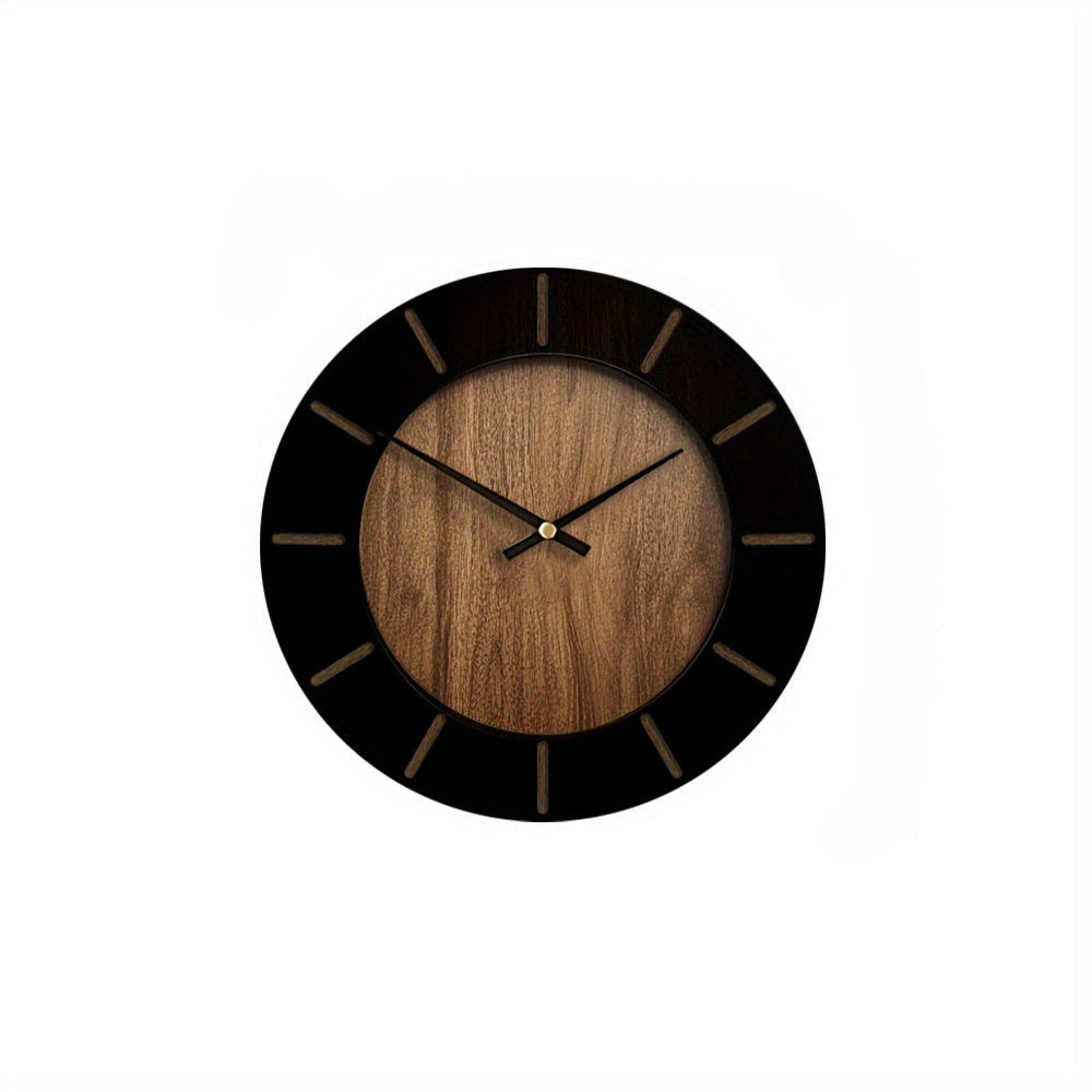 EVERWOOD - Vintage Round Wooden Wall Clock Battery Operated, Silent Mechanism