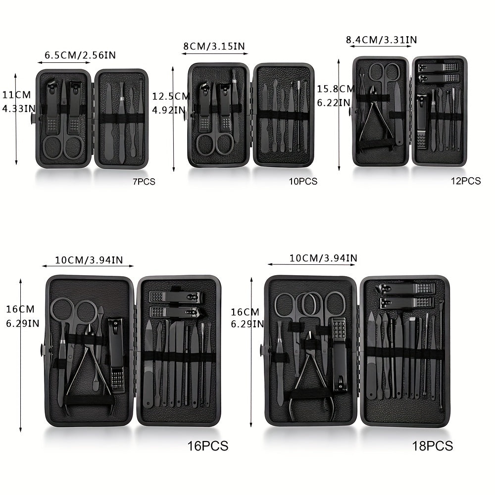 GROOMIX - 15pcs Classic Black Nail Care Set for Hands, Feet & Face Stainless Steel Tools