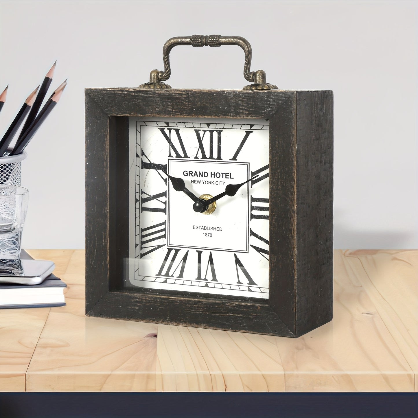 CABINCO - Rustic Wooden Shelf Clock with Glass Cover for Home Decor