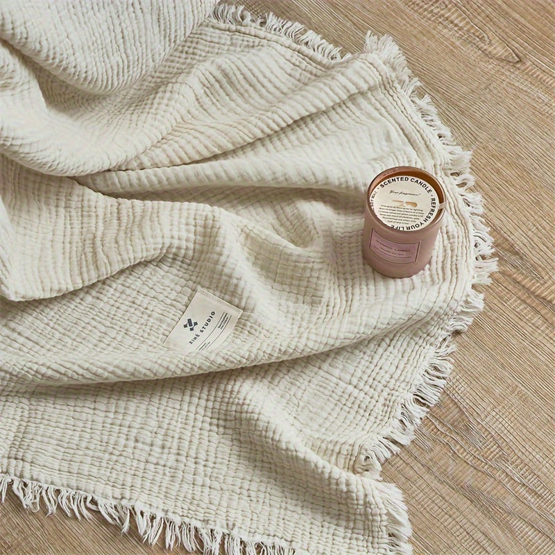 OLIVEBREEZE – Lightweight 4-Layer Cotton Gauze Blanket with Elegant Fringe
