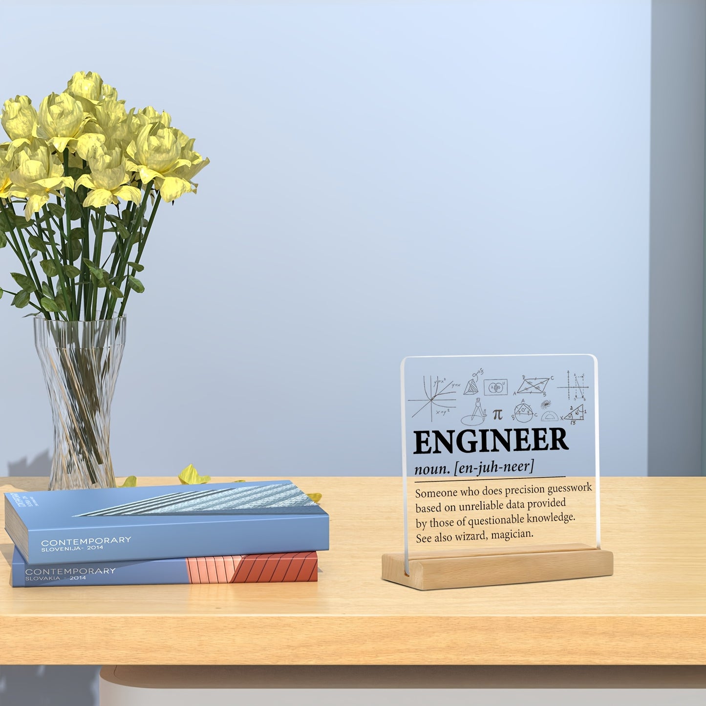 CLEARVIBE - Minimalist Flat Acrylic Nameplate with Wooden Stand for Desk & Shelf Styling