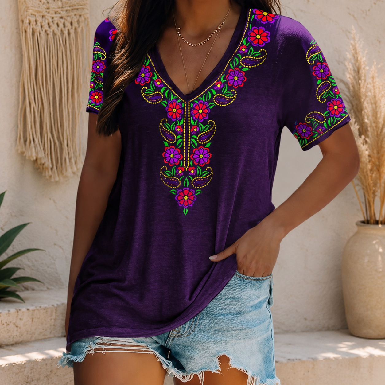 BOHEMIRA – Florales V-Ausschnitt Boho-T-Shirt