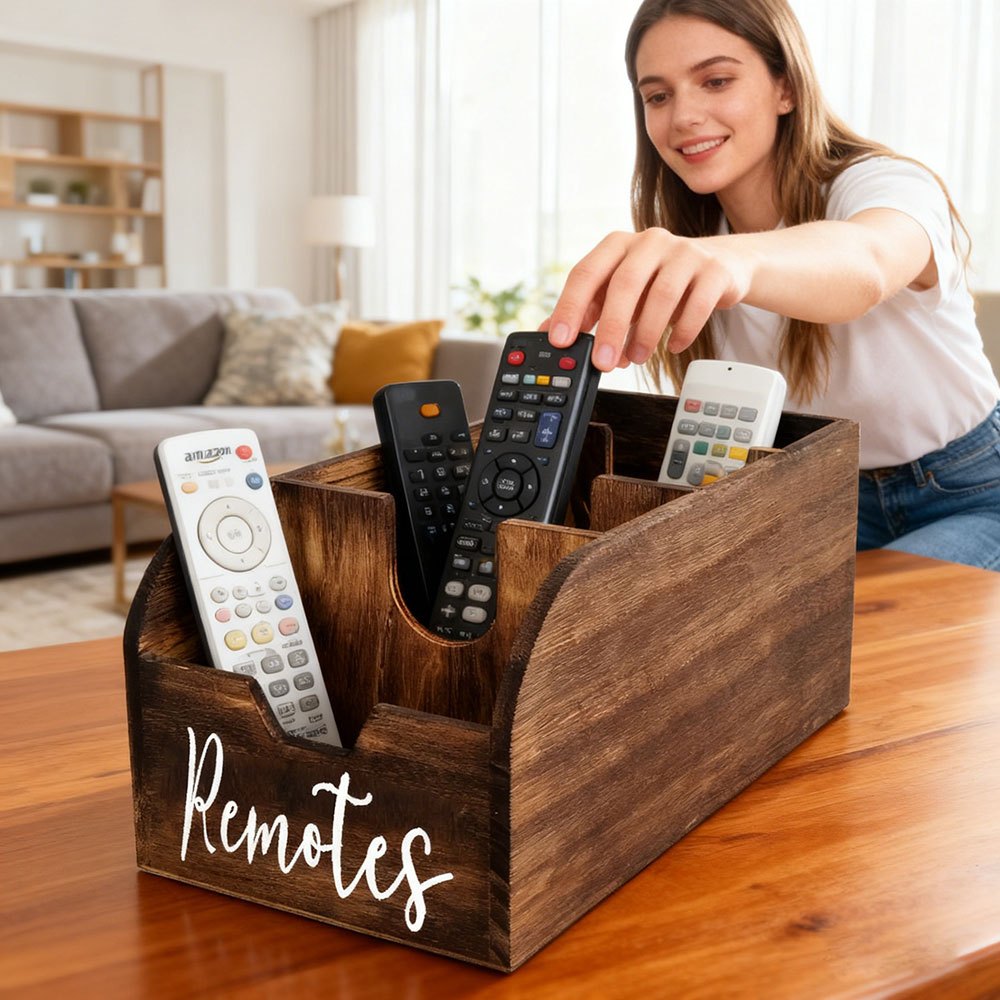 HOMELYWOOD - 4-Compartment Wooden Remote Organizer Box | No Electricity Needed