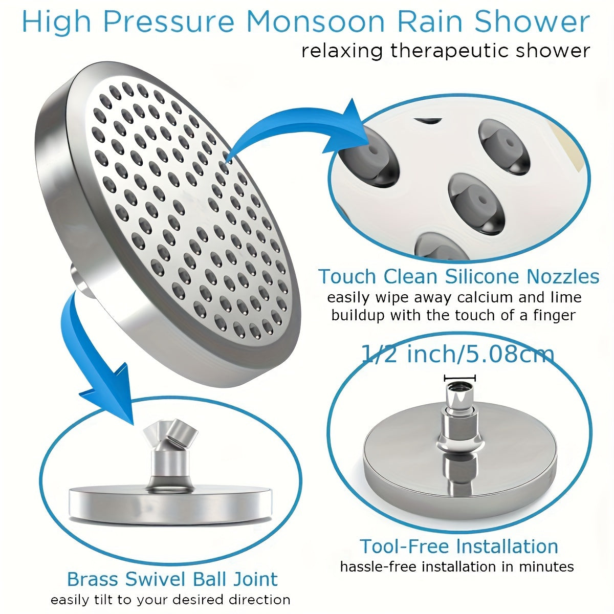 LUXRAIN - Premium Rain Shower Head 1pc, Anti-Clog Nozzles & Adjustable Angles for Ultimate Shower Comfort