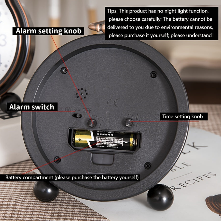ELEGANTIME - European Vintage Metal Bedside Alarm Clock Silent Analog Large Display