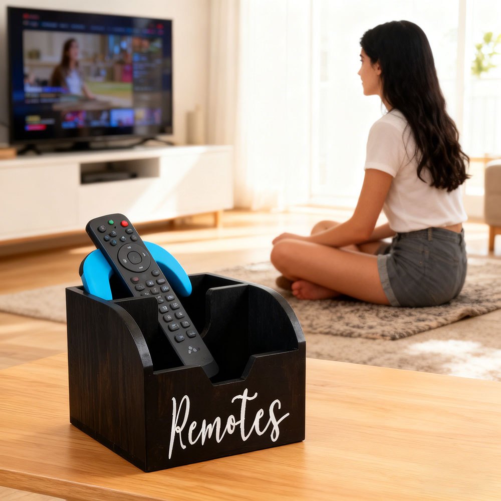 HOMELYWOOD - 4-Compartment Wooden Remote Organizer Box | No Electricity Needed