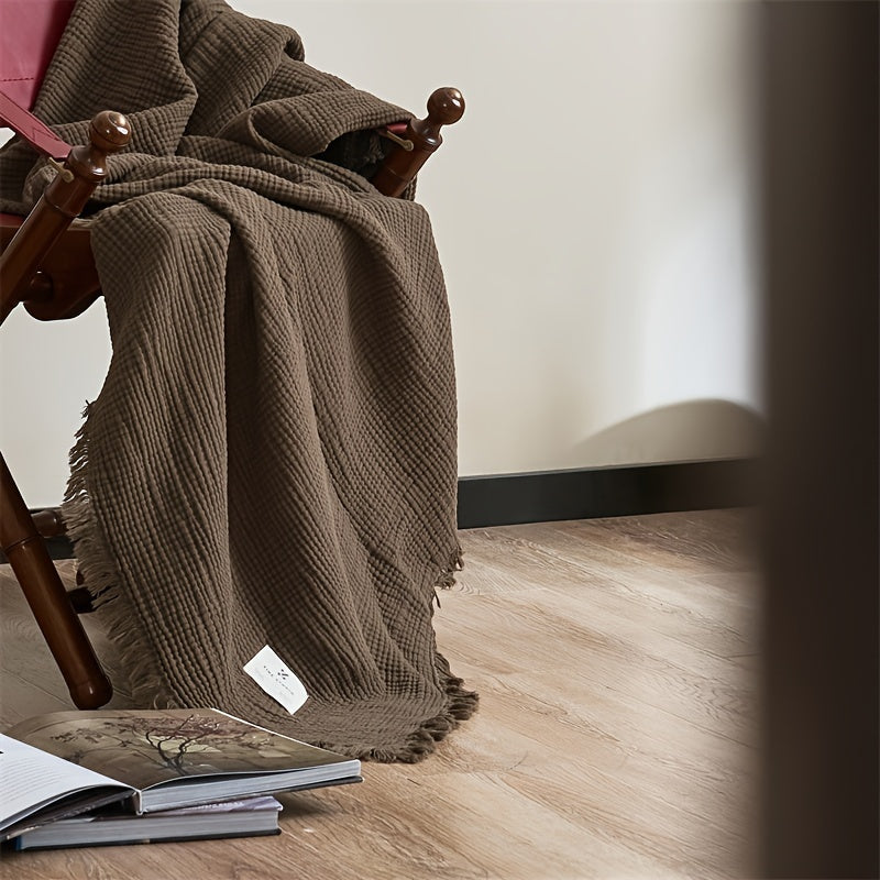 OLIVEBREEZE – Lightweight 4-Layer Cotton Gauze Blanket with Elegant Fringe