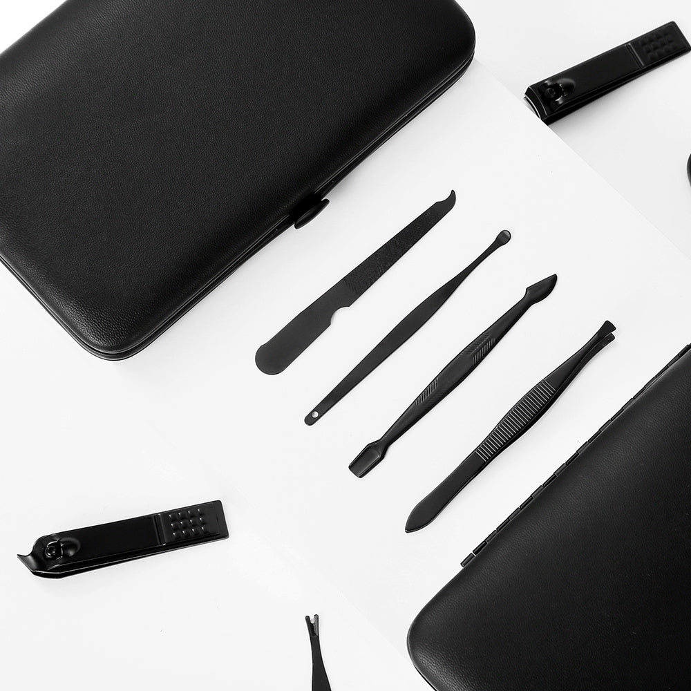 GROOMIX - 15pcs Classic Black Nail Care Set for Hands, Feet & Face Stainless Steel Tools
