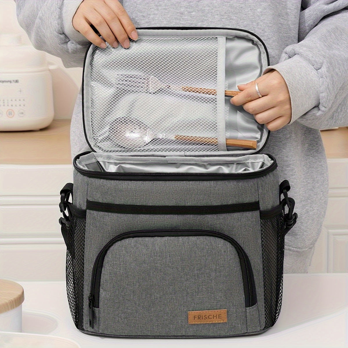 THERMOVIA - Large Insulated Lunch Tote with Zipper Closure & Adjustable Strap
