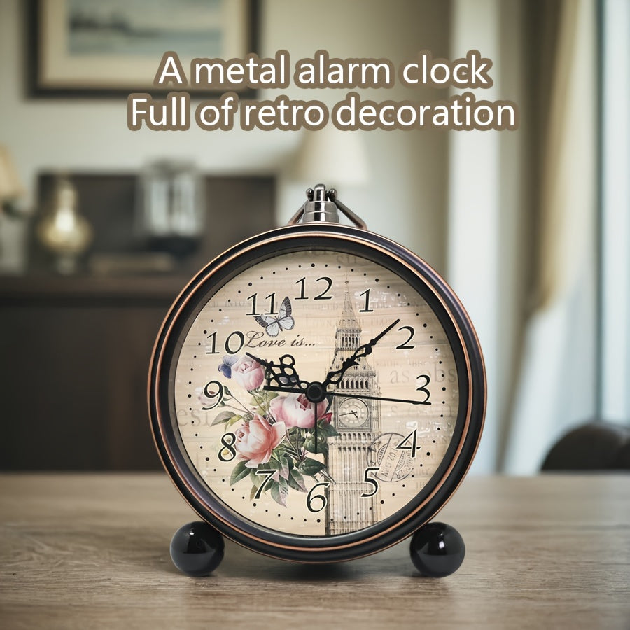 ELEGANTIME - European Vintage Metal Bedside Alarm Clock Silent Analog Large Display