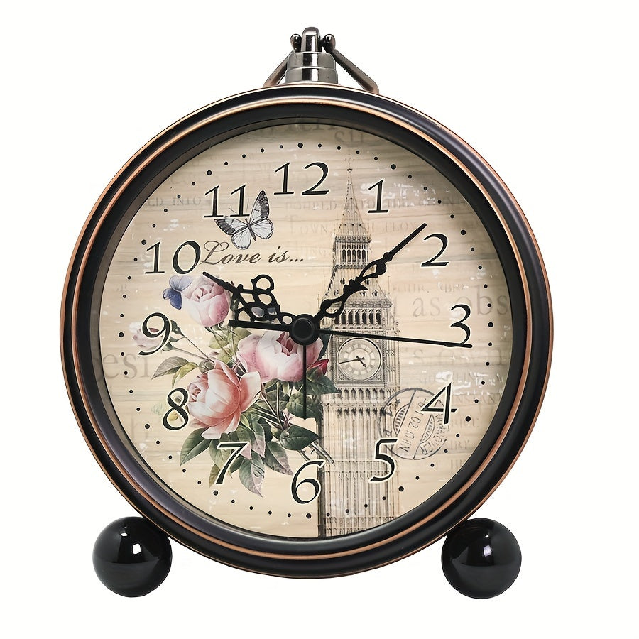 ELEGANTIME - European Vintage Metal Bedside Alarm Clock Silent Analog Large Display