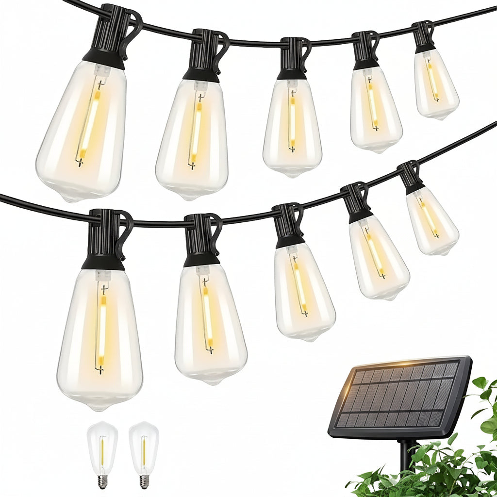 SOLARA - 100FT Solar String Lights Outdoor Commercial Grade LED with Dimmable Yellow ST38 Bulbs
