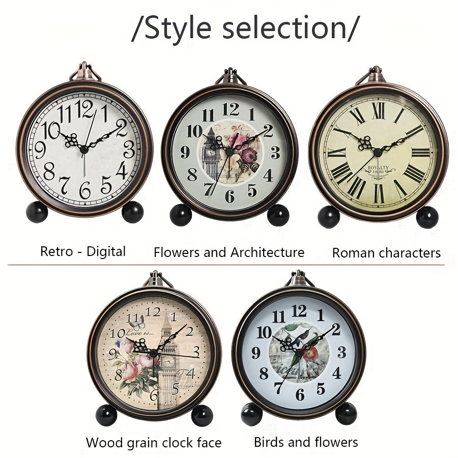 ELEGANTIME - European Vintage Metal Bedside Alarm Clock Silent Analog Large Display