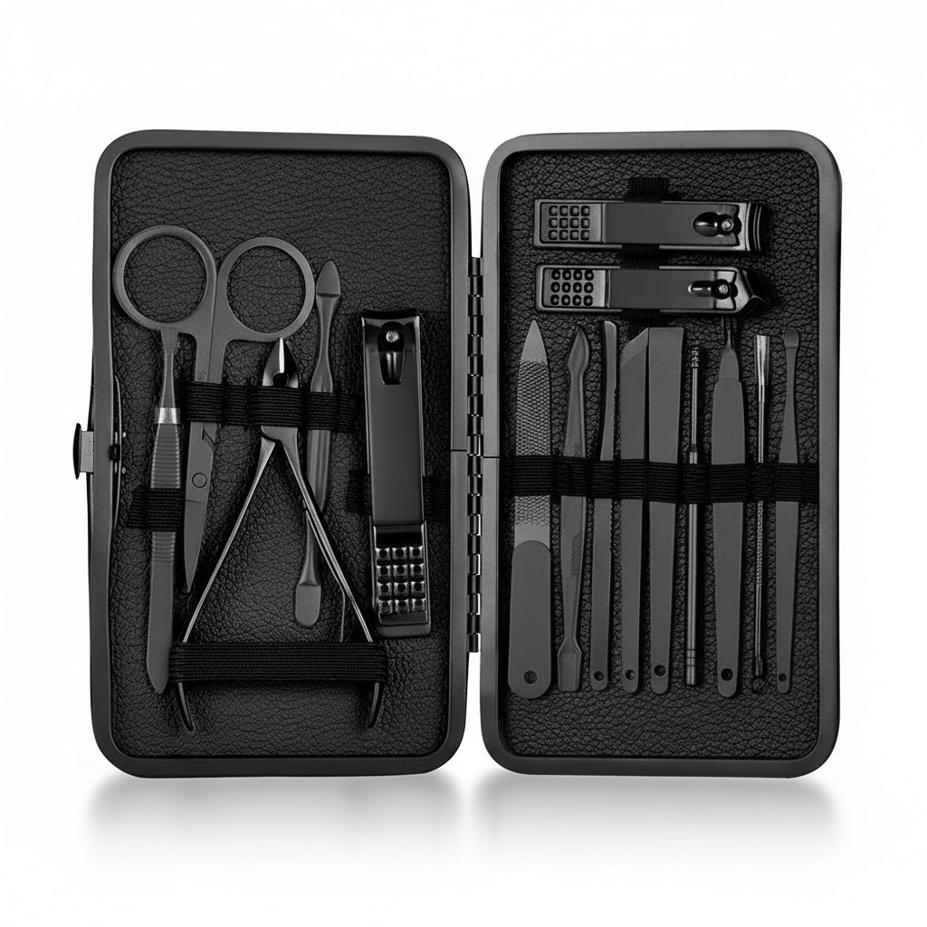 GROOMIX - 15pcs Classic Black Nail Care Set for Hands, Feet & Face Stainless Steel Tools