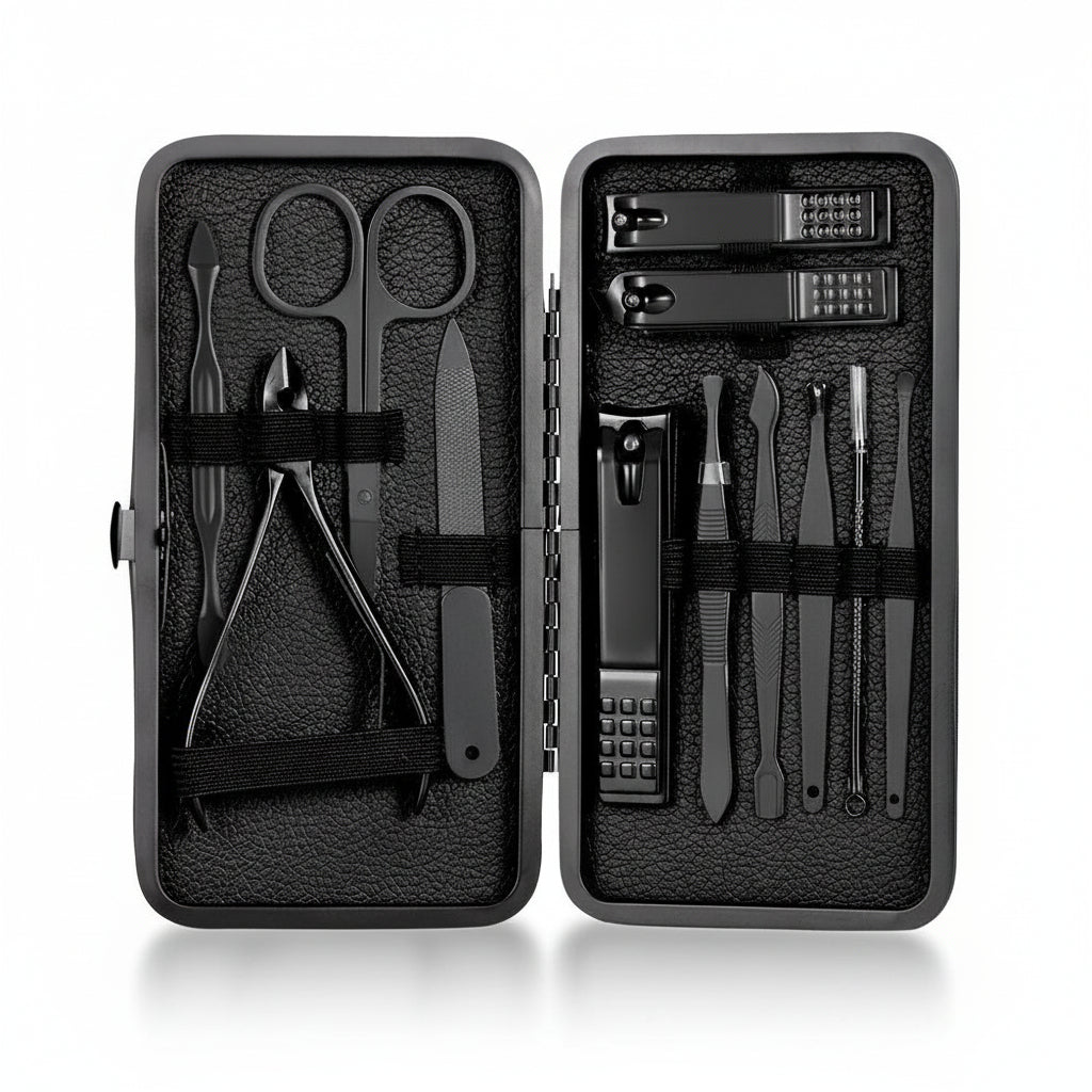 GROOMIX - 15pcs Classic Black Nail Care Set for Hands, Feet & Face Stainless Steel Tools
