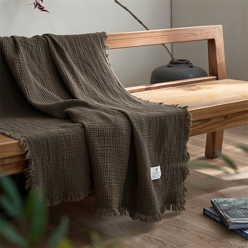 OLIVEBREEZE – Lightweight 4-Layer Cotton Gauze Blanket with Elegant Fringe