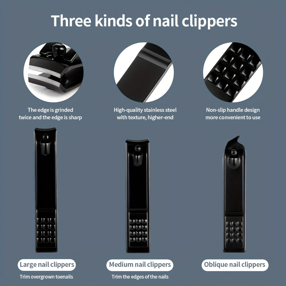 GROOMIX - 15pcs Classic Black Nail Care Set for Hands, Feet & Face Stainless Steel Tools