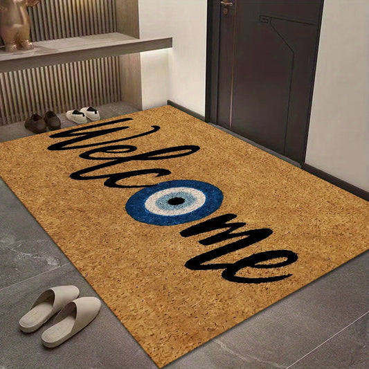 ENTRANCEJOY - Printed “Welcome” Doormat with Blue Eye Design, Non-slip & Soft
