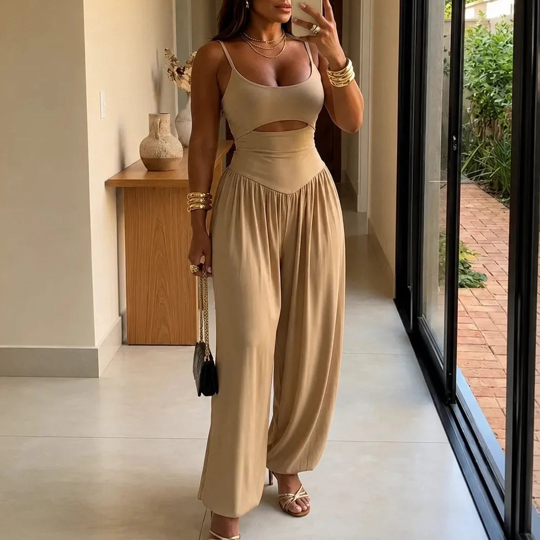 JUMPLORA – Sleeveless Wide Leg Jumpsuit with Adjustable Back Tie Detail