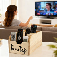 HOMELYWOOD - 4-Compartment Wooden Remote Organizer Box | No Electricity Needed