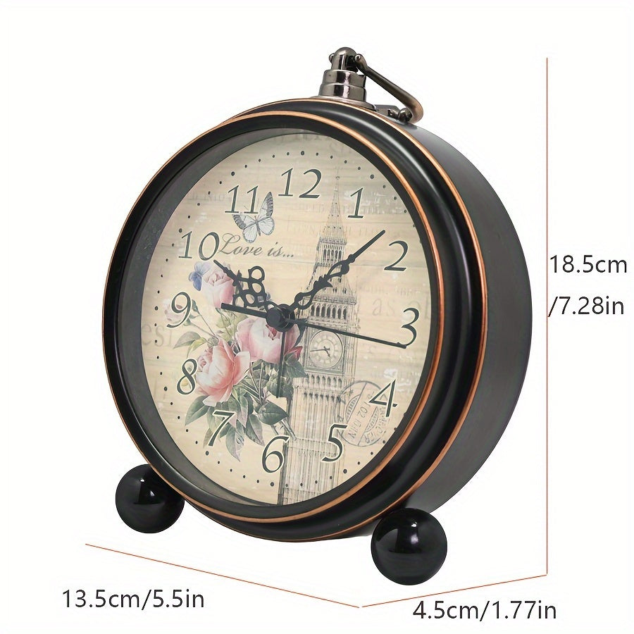 ELEGANTIME - European Vintage Metal Bedside Alarm Clock Silent Analog Large Display