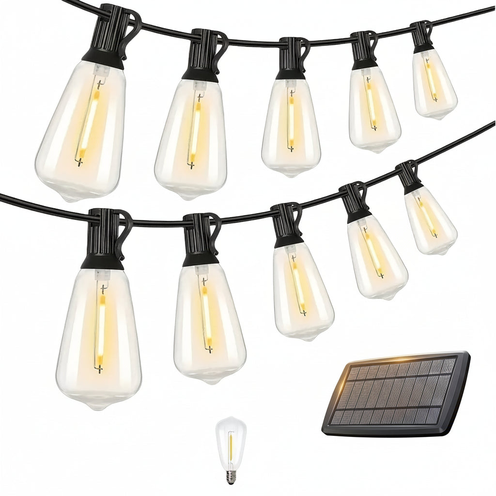 SOLARA - 100FT Solar String Lights Outdoor Commercial Grade LED with Dimmable Yellow ST38 Bulbs
