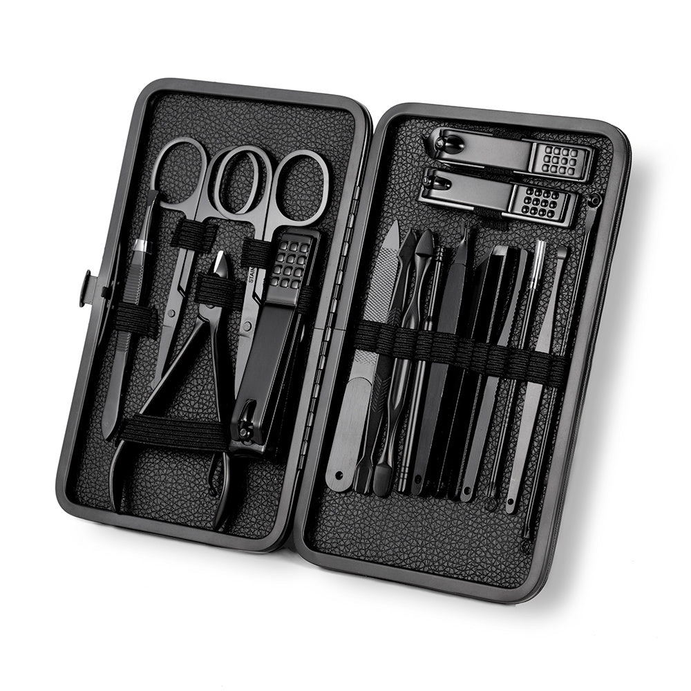GROOMIX - 15pcs Classic Black Nail Care Set for Hands, Feet & Face Stainless Steel Tools
