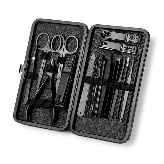 GROOMIX - 15pcs Classic Black Nail Care Set for Hands, Feet & Face Stainless Steel Tools