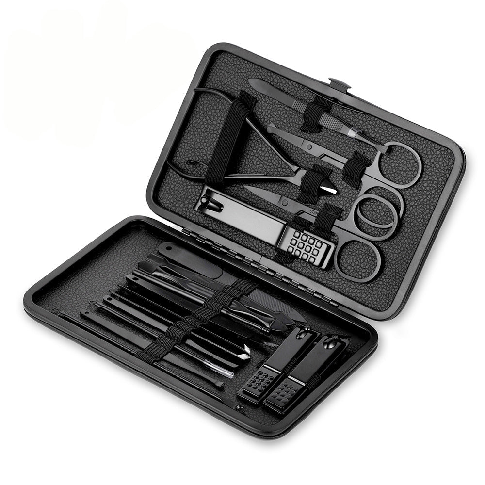 GROOMIX - 15pcs Classic Black Nail Care Set for Hands, Feet & Face Stainless Steel Tools