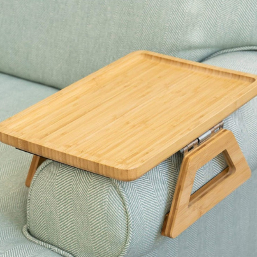 Adjustable Bamboo Clip-On Arm Tray Table for Snacks, Drinks, and Laptops 2