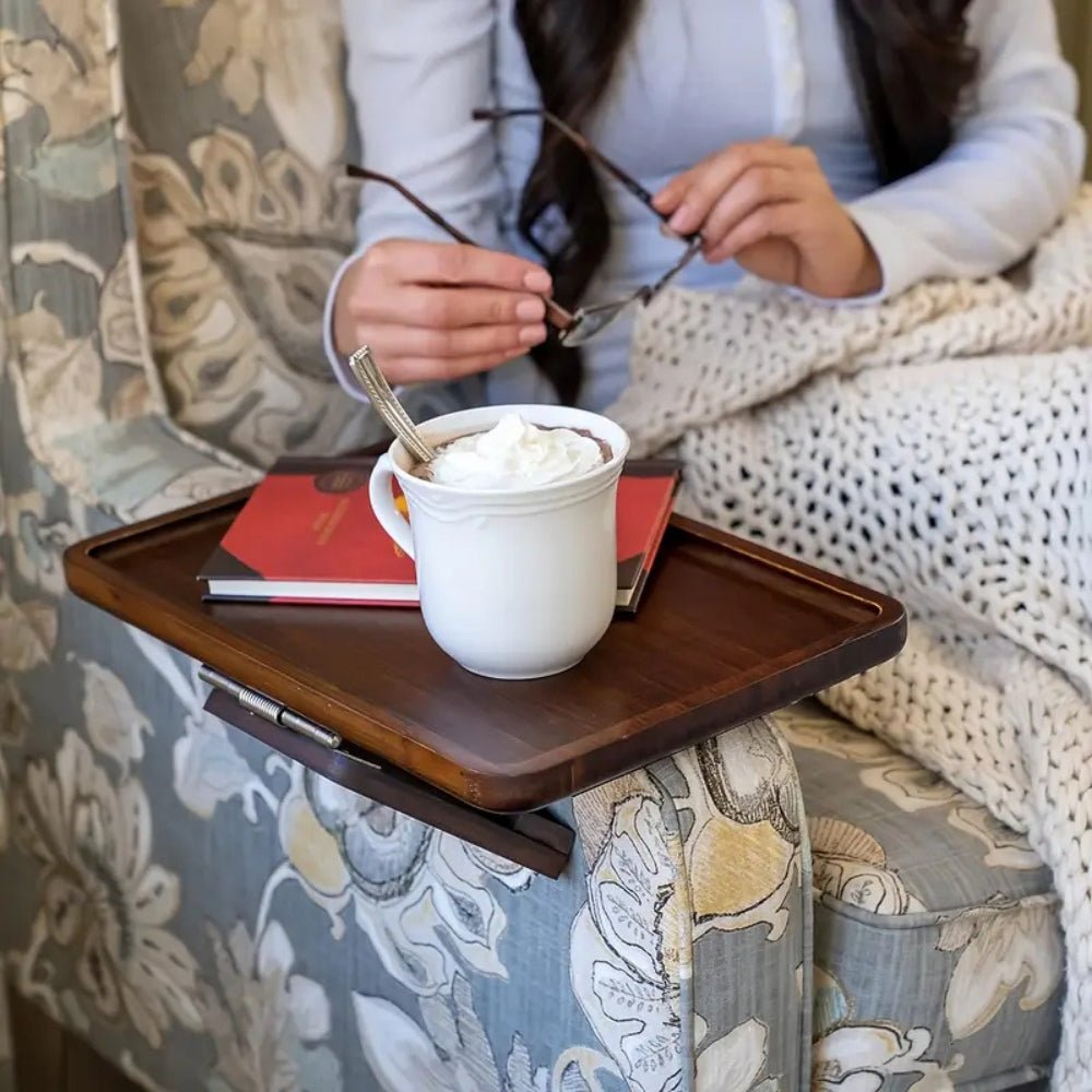 Adjustable Bamboo Clip-On Arm Tray Table for Snacks, Drinks, and Laptops 3