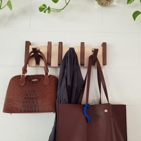Artisan Wooden Coat Rack Stand - Handcrafted Beech & Walnut with Magnetic Coat Hooks for Wall 4