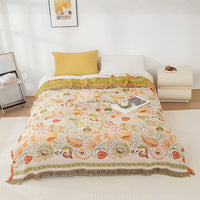 Autumn Leaf Boho Reversible Blanket - Soft Cotton Gauze Throw with Tasseled Edges 0