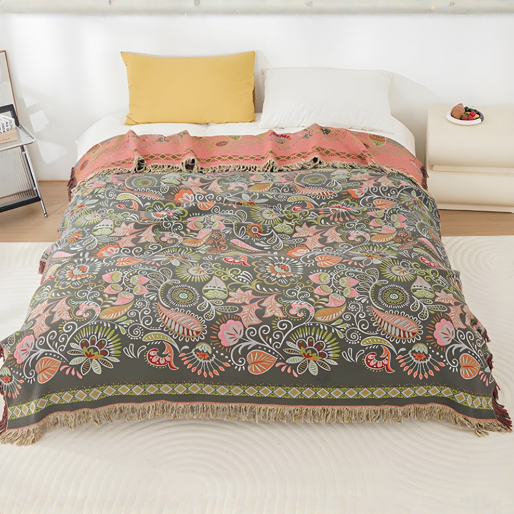 Autumn Leaf Boho Reversible Blanket - Soft Cotton Gauze Throw with Tasseled Edges 1