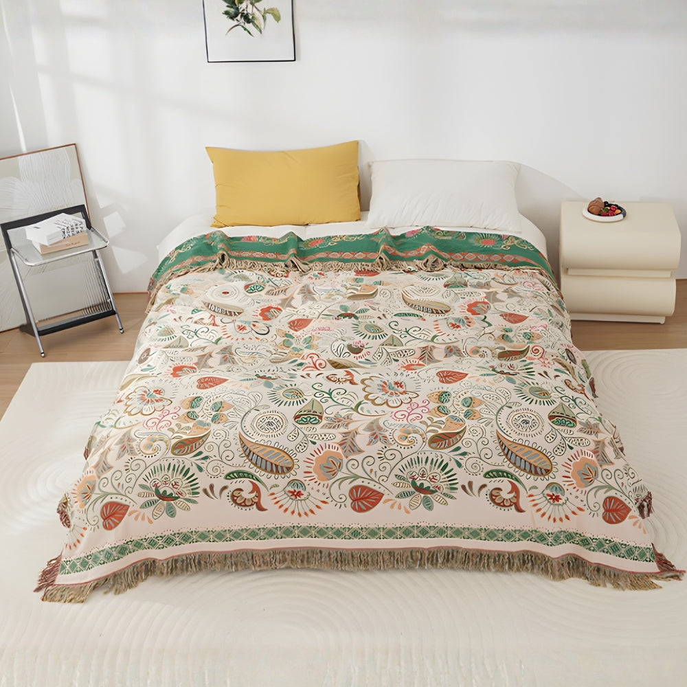 Autumn Leaf Boho Reversible Blanket - Soft Cotton Gauze Throw with Tasseled Edges 2