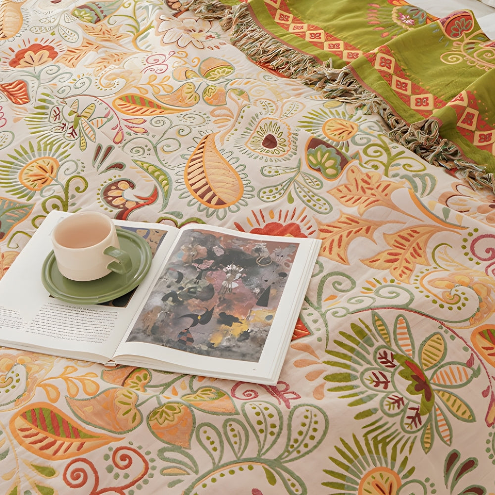 Autumn Leaf Boho Reversible Blanket - Soft Cotton Gauze Throw with Tasseled Edges 3