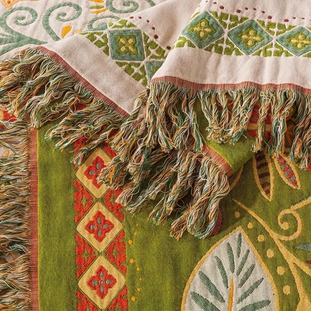 Autumn Leaf Boho Reversible Blanket - Soft Cotton Gauze Throw with Tasseled Edges 5