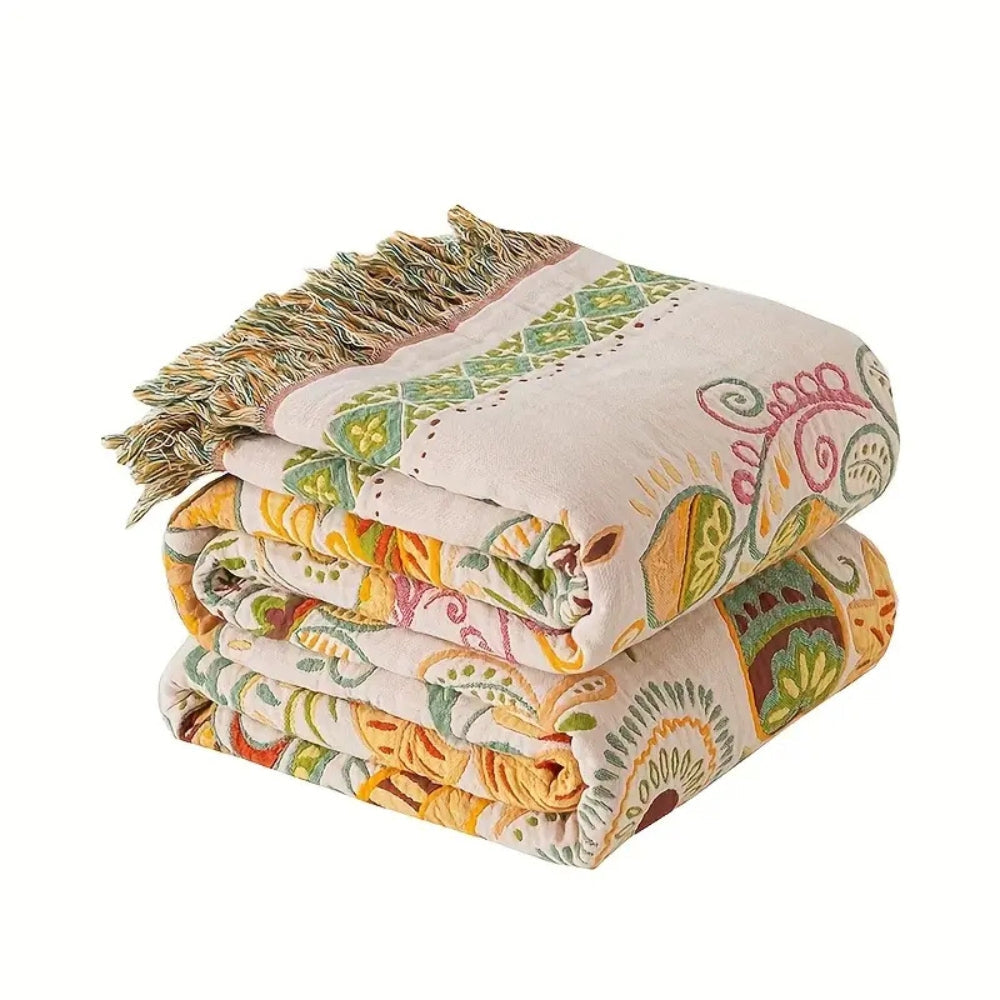 Autumn Leaf Boho Reversible Blanket - Soft Cotton Gauze Throw with Tasseled Edges 6