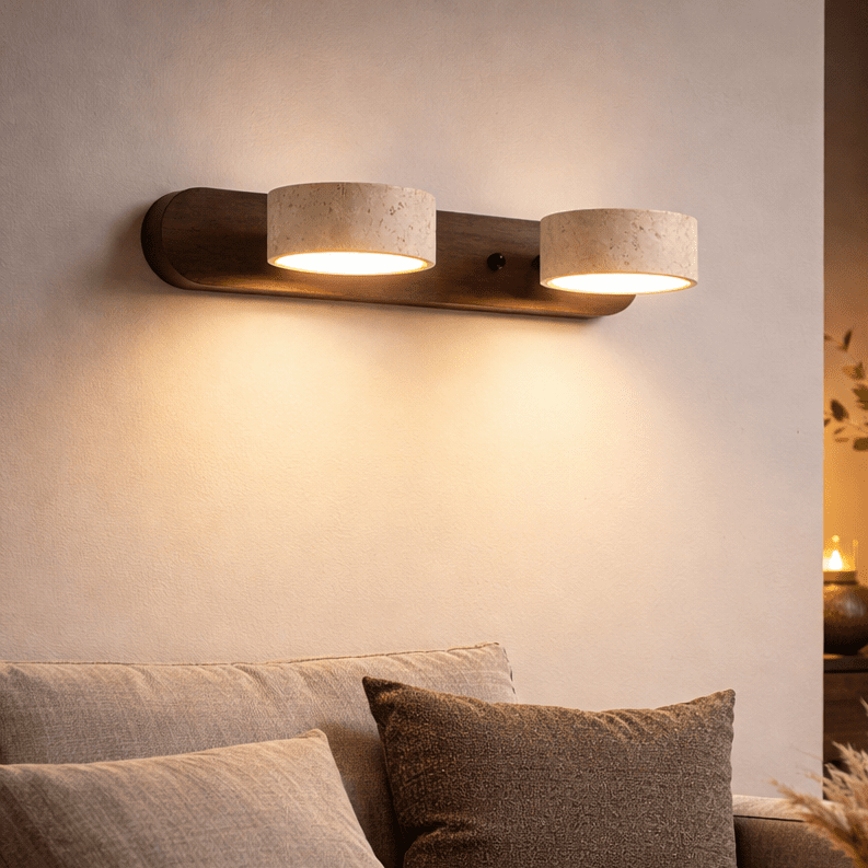 Averra Indoor LED Wall Light - Natural Travertine & Wood Sconce Light 0