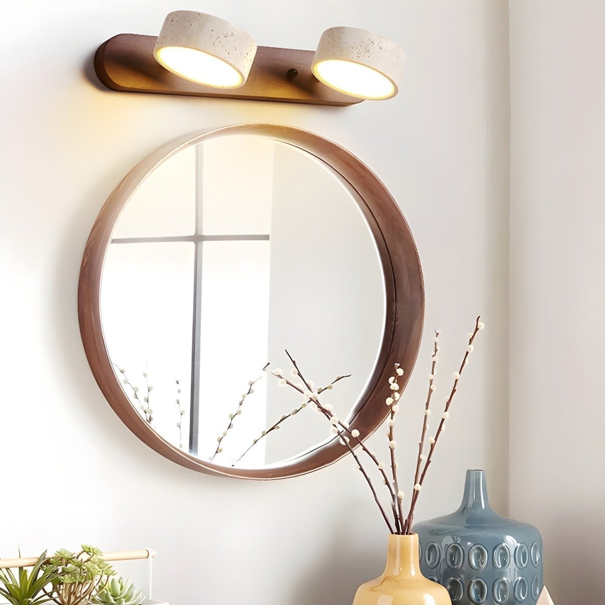Averra Indoor LED Wall Light - Natural Travertine & Wood Sconce Light 2